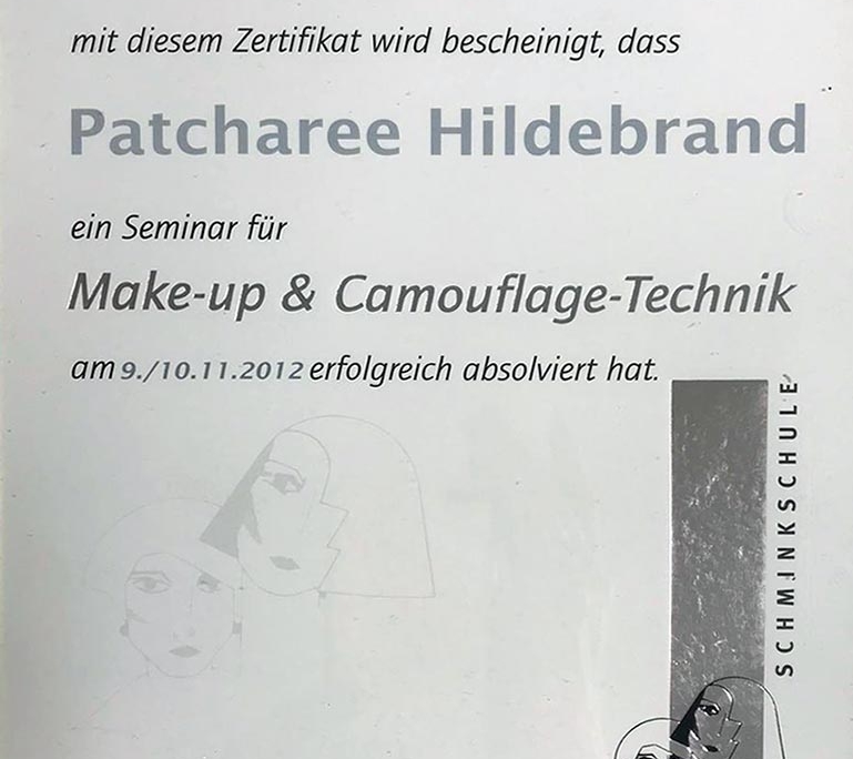 Dies ist ein Zertifikat der Schminkschule Malu Walz für Patcharee Hildebrand über die erfolgreiche Teilnahme an dem Seminar 'Make-up und Camouflage-Technik'